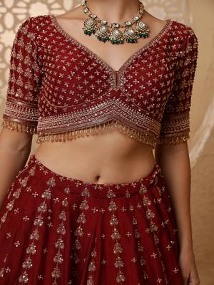 dark maroon viscose silk hand embroidered lehenga set with blouse and dupatta 3