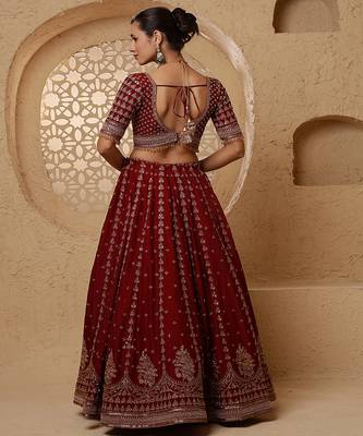 dark maroon viscose silk hand embroidered lehenga set with blouse and dupatta 4