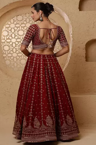 dark maroon viscose silk hand embroidered lehenga set with blouse and dupatta