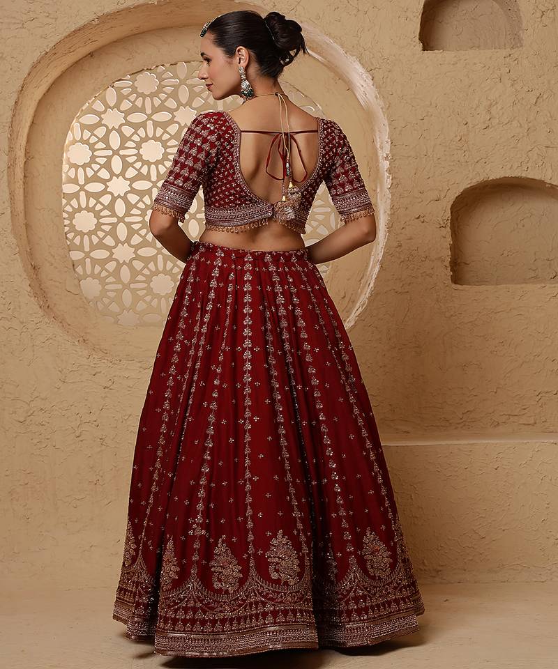 Dark Maroon Viscose Silk Hand Embroidered Lehenga Set