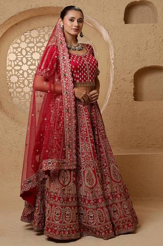 Red Bridal Heavy Handwork Viscose Silk Lehenga Set .