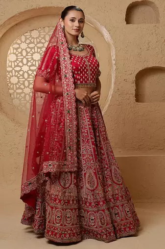 Red Bridal Heavy Handwork Viscose Silk Lehenga Set .