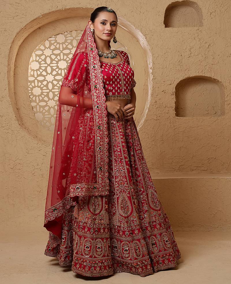 Red Bridal Heavy Handwork Viscose Silk Lehenga Set .