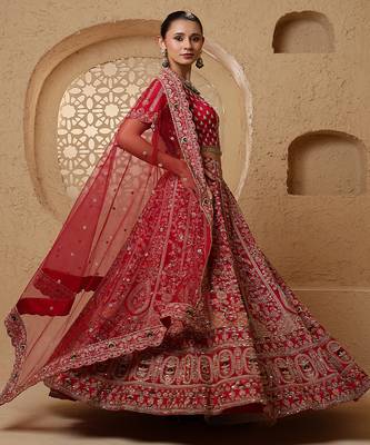 red bridal heavy handwork viscose silk lehenga set with blouse and dupatta 2