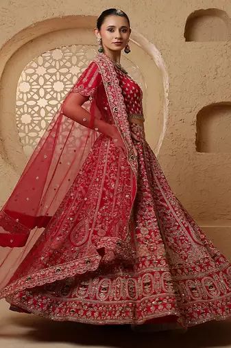 red bridal heavy handwork viscose silk lehenga set with blouse and dupatta