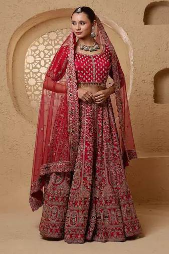 red bridal heavy handwork viscose silk lehenga set with blouse and dupatta