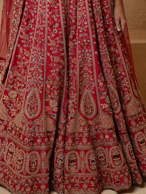 red bridal heavy handwork viscose silk lehenga set with blouse and dupatta 4