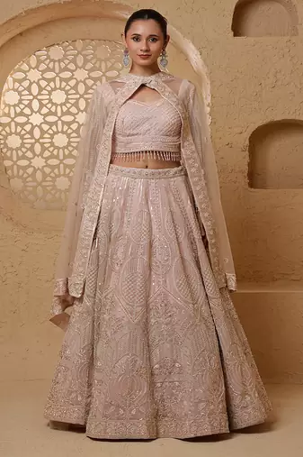 Baby Pink Net Lehenga Set With Sequins And Beadwork