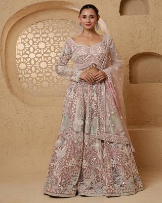 dull pink net heavy sequins beadwork lehenga set with blouse and dupatta 1