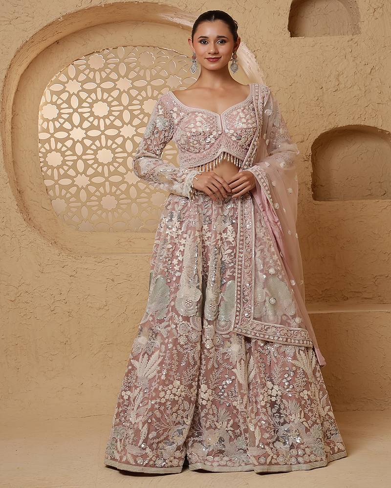 Dull Pink Net Heavy Sequins Beadwork Lehenga Set