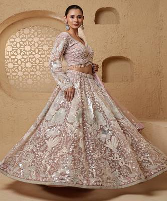 dull pink net heavy sequins beadwork lehenga set with blouse and dupatta 2