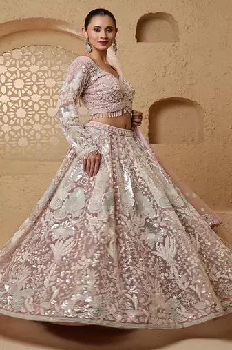 dull pink net heavy sequins beadwork lehenga set with blouse and dupatta