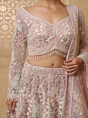 dull pink net heavy sequins beadwork lehenga set with blouse and dupatta 3