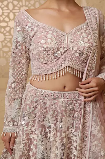 dull pink net heavy sequins beadwork lehenga set with blouse and dupatta