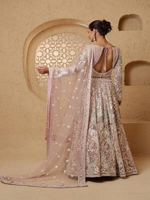 dull pink net heavy sequins beadwork lehenga set with blouse and dupatta 4