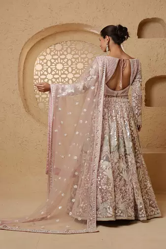 dull pink net heavy sequins beadwork lehenga set with blouse and dupatta