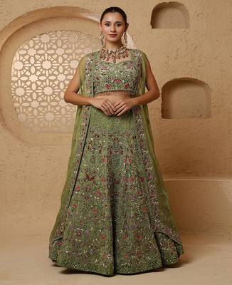 leaf green crepe tissue multicolor mirror  lehenga set with blouse and dupatta 1