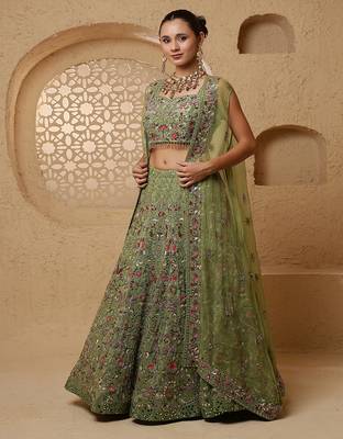 leaf green crepe tissue multicolor mirror  lehenga set with blouse and dupatta 2