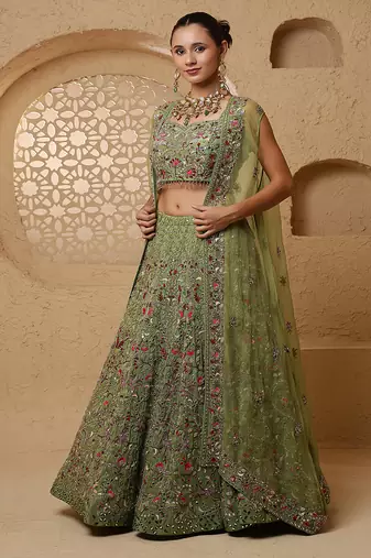 leaf green crepe tissue multicolor mirror  lehenga set with blouse and dupatta