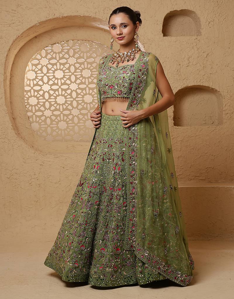 Leaf Green Crepe Tissue Multicolor Mirror  Lehenga Set