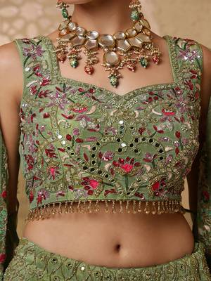 leaf green crepe tissue multicolor mirror  lehenga set with blouse and dupatta 3