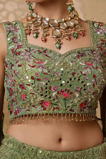 leaf green crepe tissue multicolor mirror  lehenga set with blouse and dupatta