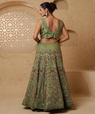 leaf green crepe tissue multicolor mirror  lehenga set with blouse and dupatta 4