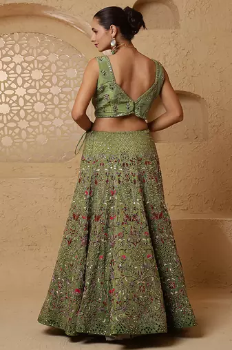 leaf green crepe tissue multicolor mirror  lehenga set with blouse and dupatta