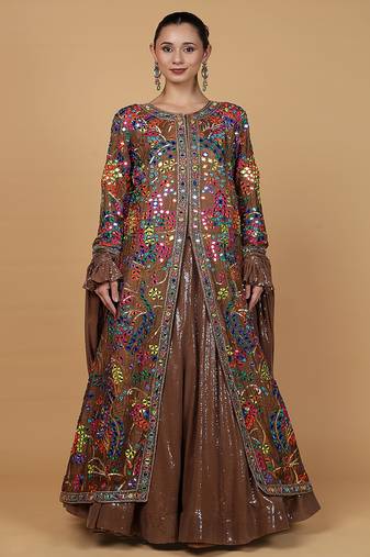 Mocha Brown Viscose Silk Lehenga Set with Mirror  and Sequins
