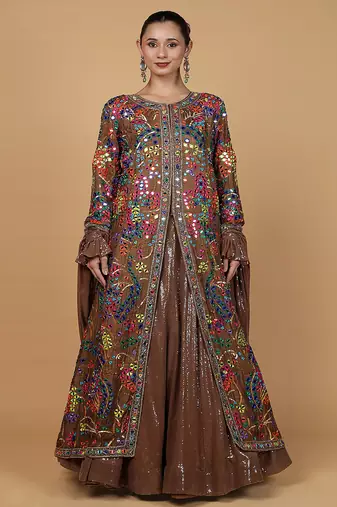 Mocha Brown Viscose Silk Lehenga Set with Mirror  and Sequins