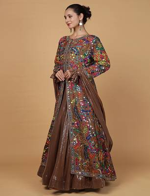 mocha brown viscose silk lehenga set with blouse and dupatta 2