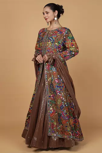 mocha brown viscose silk lehenga set with blouse and dupatta