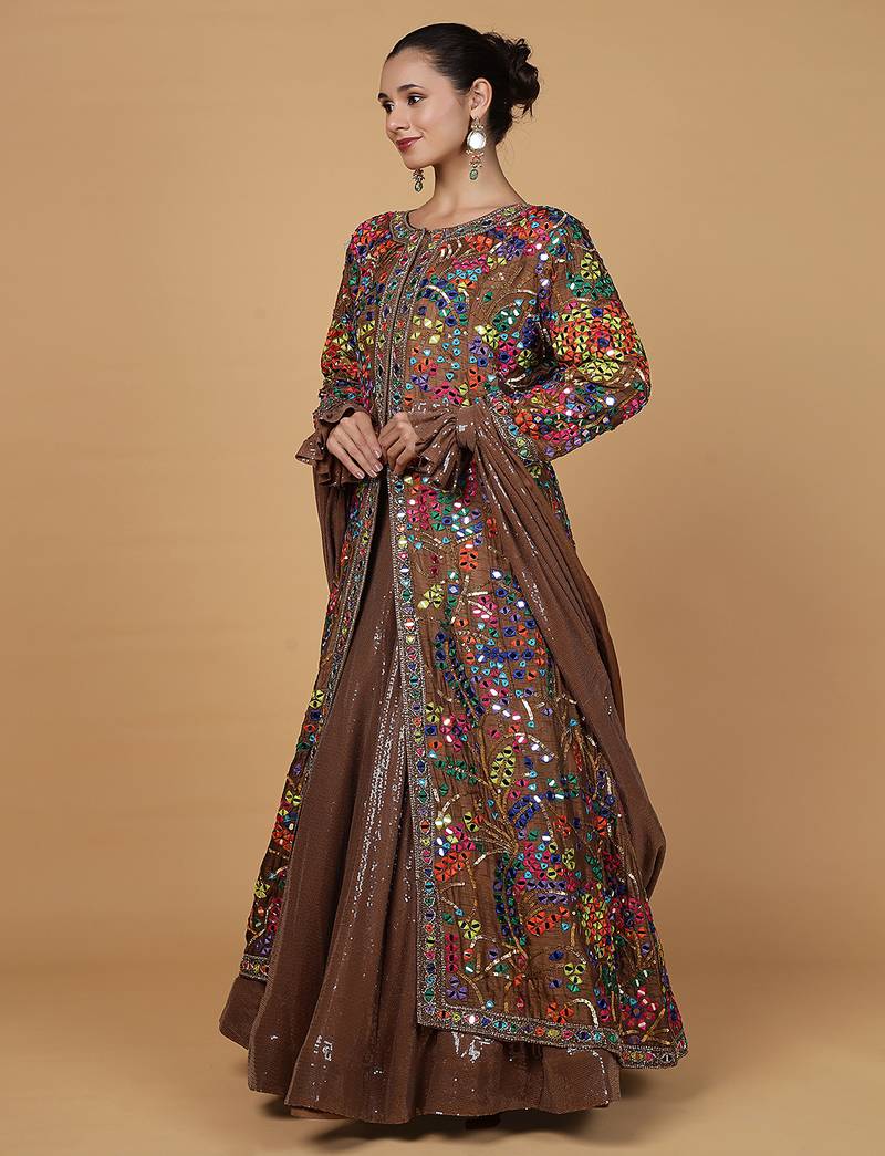 Mocha Brown Viscose Silk Lehenga Set with Mirror  and Sequins
