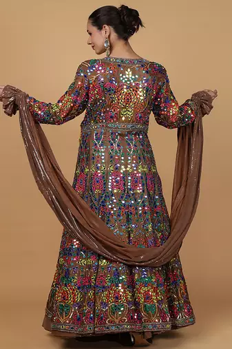 mocha brown viscose silk lehenga set with blouse and dupatta