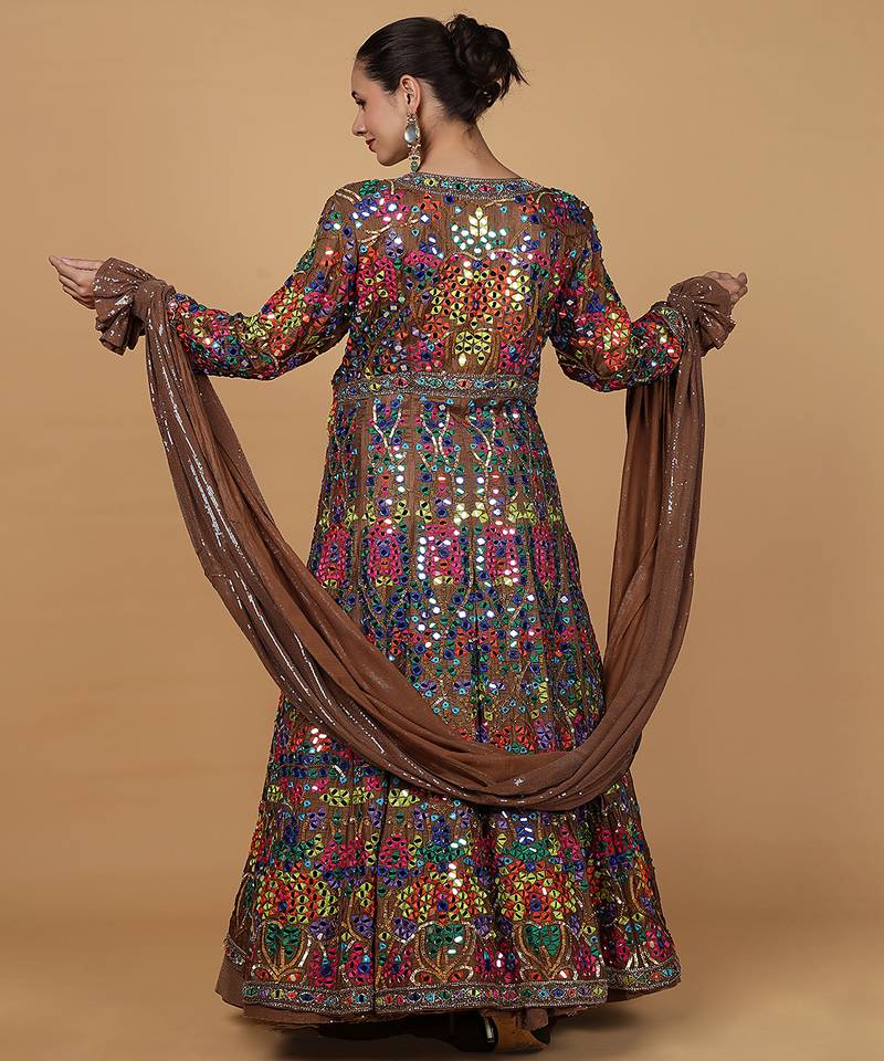 Mocha Brown Viscose Silk Lehenga Set with Mirror  and Sequins