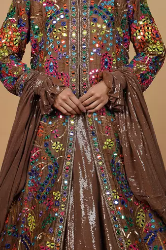 mocha brown viscose silk lehenga set with blouse and dupatta