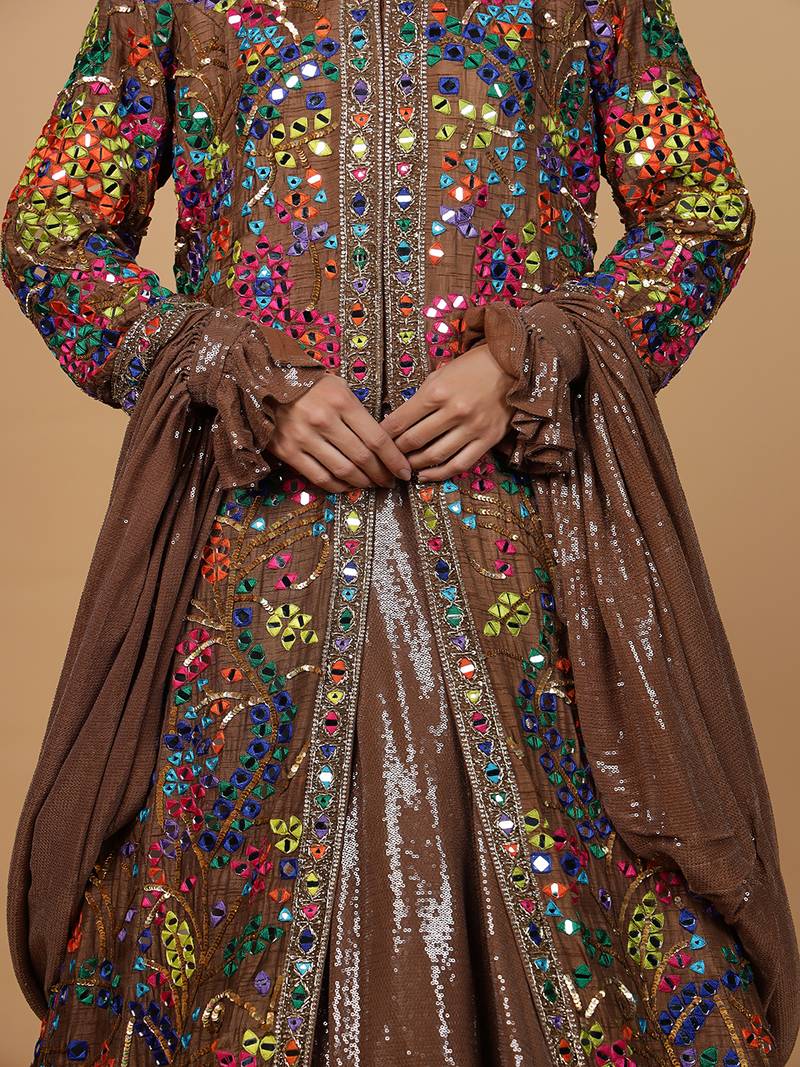 Mocha Brown Viscose Silk Lehenga Set with Mirror  and Sequins