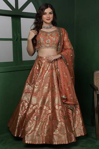 Rust Orange Banarsi Silk  Brocade Lehenga Set
