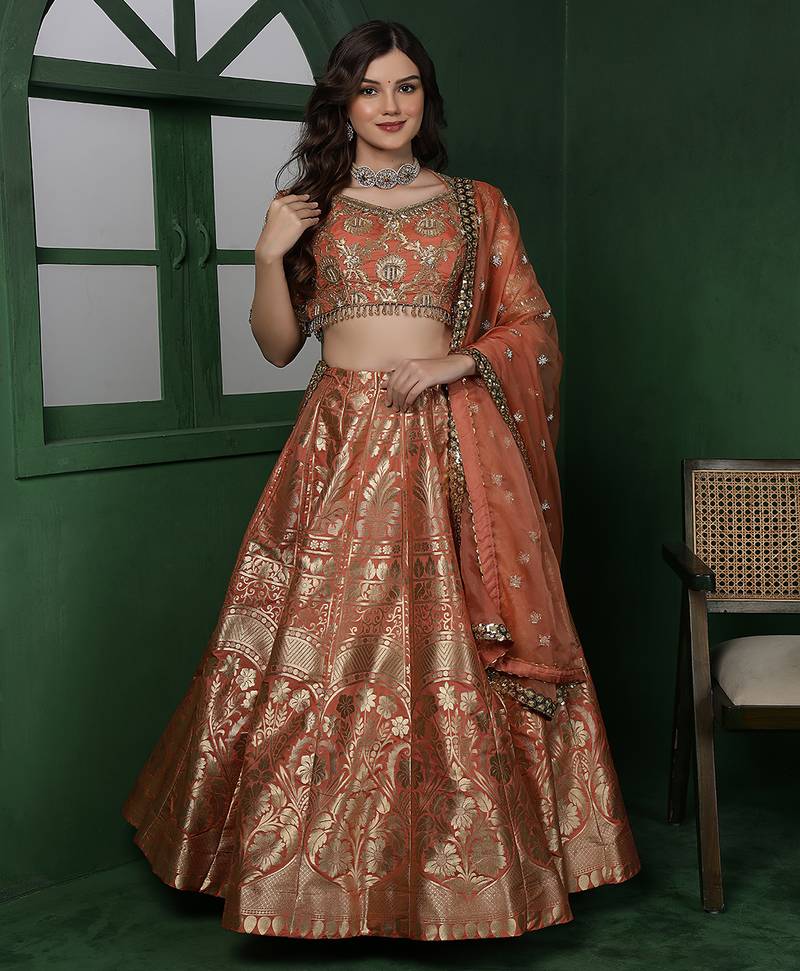 Rust Orange Banarsi Silk  Brocade Lehenga Set