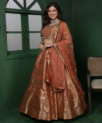 rust orange banarsi silk  brocade lehenga set with blouse and dupatta 2
