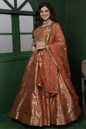rust orange banarsi silk  brocade lehenga set with blouse and dupatta