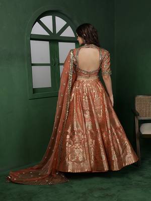 rust orange banarsi silk  brocade lehenga set with blouse and dupatta 3