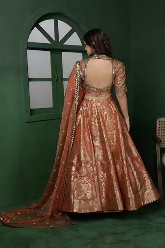 rust orange banarsi silk  brocade lehenga set with blouse and dupatta