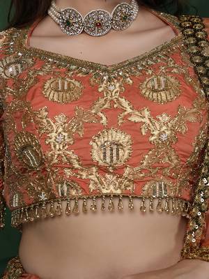 rust orange banarsi silk  brocade lehenga set with blouse and dupatta 4
