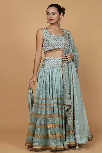 teal viscose silk cutdana embroidery lehenga set with blouse and dupatta