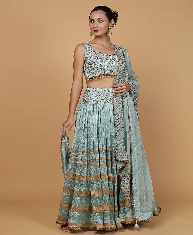 Teal Viscose Silk Cutdana Embroidery Lehenga Set