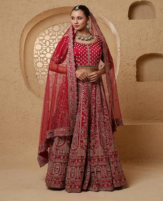 red bridal heavy handwork viscose silk lehenga set with blouse and dupatta 5