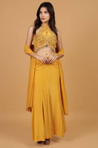 Mustard Sequins Crepe Fish Cut Lehenga Set