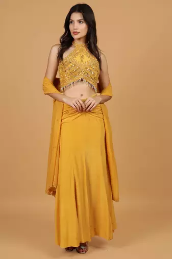 Mustard Sequins Crepe Fish Cut Lehenga Set
