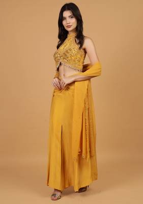 mustard sequins crepe fish cut lehenga set 2